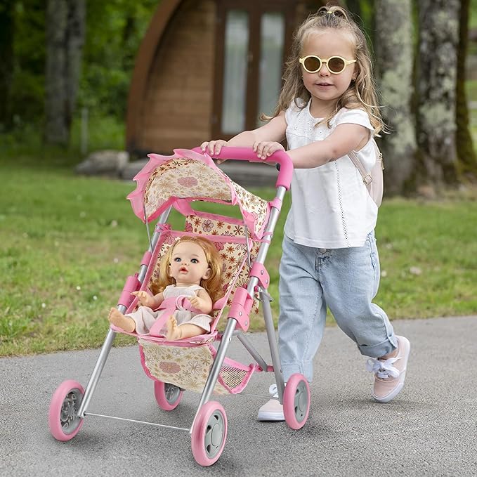 GAGAKU Baby Doll Stroller, Foldable Toy Stroller with Storage Basket and Bag, Diaper, Reborn Doll Accessories for Girls & Kids Ages 3+, Daises Pattern