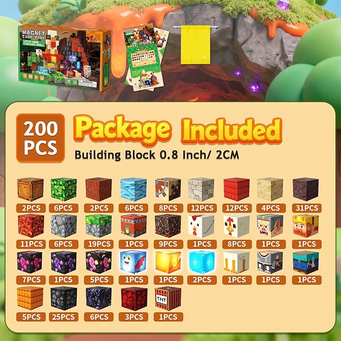 200PCS Magnetic Building Blocks Magnetic Blocks Cubes for Kids Ages 4-8 STEM Constructions Magnet Blocks Sensory Stacking Toy (Lava Grill Chicken-200pcs)