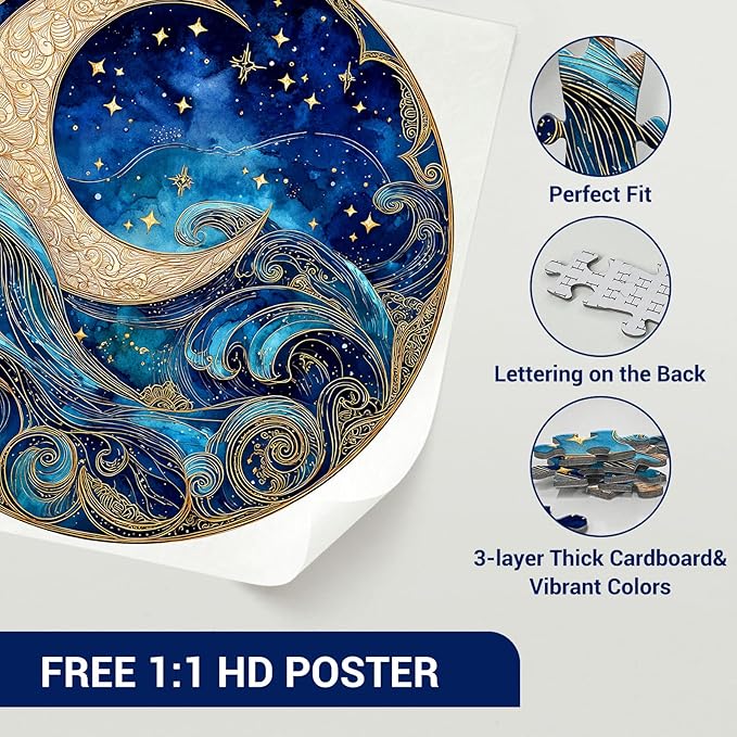 1000 Piece Puzzle for Adults - Waves Stars and Moon Jigsaw Puzzles - Impossible Hard Difficult Challenging Jigsaw Puzzle -Brain Teaser Adult Puzzles - Christmas Birthday Gifts for Women/Men