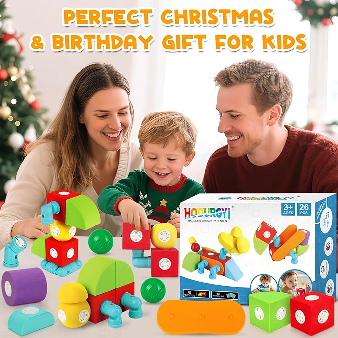 26 PCS Magnetic Foam Blocks, STEM Preschool Toys for Children, Magnetic Building Blocks for Toddlers, Kids Bath Toys and Montessori Sensory Toys, Birthday for Boys & Girls Age 3 4 5 6+