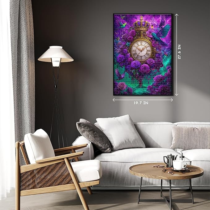 Fantasy Puzzles for Adults 1000 Pieces, Magic Landscape Clock Purple Flower Rose Jigsaw Puzzle, Bird Animal Colorful Challenge Puzzle