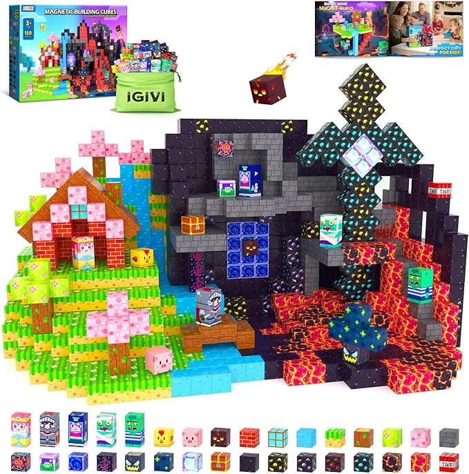 150PCS Magnetic Blocks - Build Mine Magnet World Set, Magnets Building Toys for Kids Ages 3-5 6-8 8-12, Supplies Birthday Party Gifts for 3+ Year Old Boys Girls, STEM Sensory Toys for Toddlers