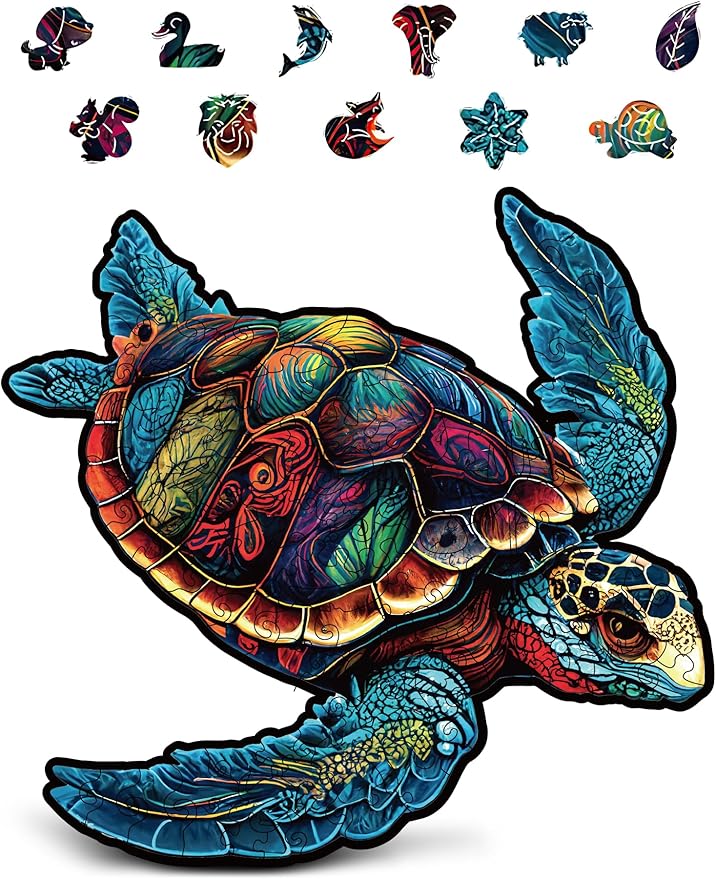 CRAFTHUB Animal Wooden Puzzles for Adults – A3 Vibrant Sea Turtle with 122 Pieces – Jigsaw Puzzles with Unique Animal Shapes – 10.7" x 10.3"