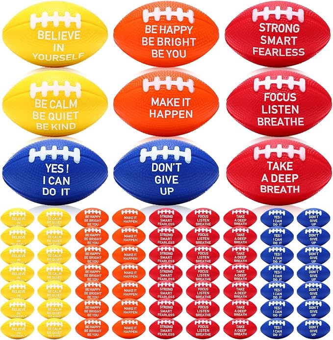 Realspring 72 Packs Mini Football Sports Stress Ball 2.17" Inspiration Foam Footballs Stress Relief Balls with Motivational Quotes for Football Themed Party Favors Anxiety Relief Relaxation