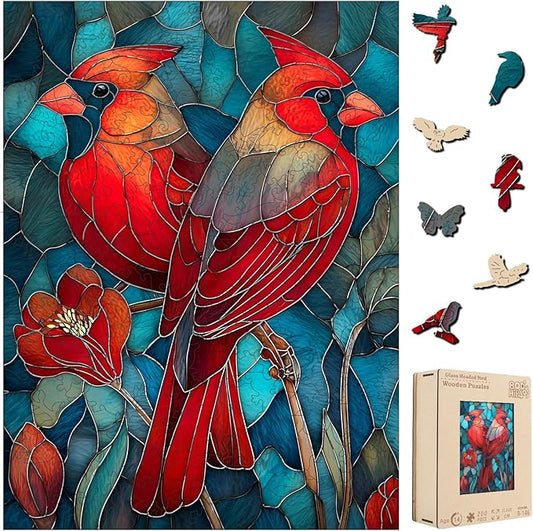 Wooden Puzzles for Adults - Cardinals Stained Glass Unique Shaped Pieces, 500 Pieces Flower Cardinal Bird Art Puzzle, Beautiful Home Wall Decor & Gift for Bird Lovers, Family Game, 11.8 * 15.7in