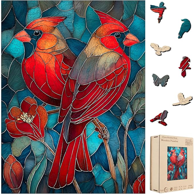 Wooden Puzzles for Adults - Cardinals Stained Glass Unique Shaped Pieces, 200 Pieces Flower Cardinal Bird Art Puzzle, Beautiful Home Wall Decor & Gift for Bird Lovers, Family Game, 8.9 * 11.8in