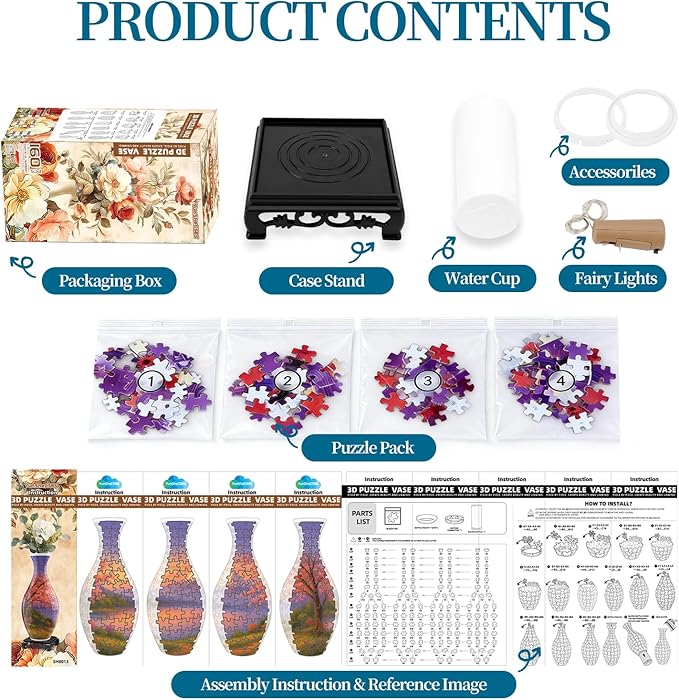 3D Puzzles Vase for Adults, Crafts for Adults, 160 Pieces Plastic DIY Unique Flower Vase with LED Light House Warming Gift Birthday Gifts for Flower Arrangements and Home Decor (Cherry Blossoms)