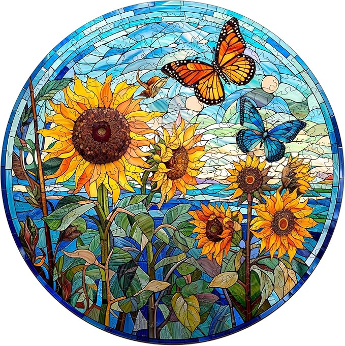 Wooden Puzzles for Adults - Stained Glass Sunflower Wooden Puzzle, Unique Shape Wood Jigsaw Puzzle for Adults, Wood Puzzles Adult, Gifts for Family, Wall Art Home Decor (100pcs 8.5 * 8.5in S)