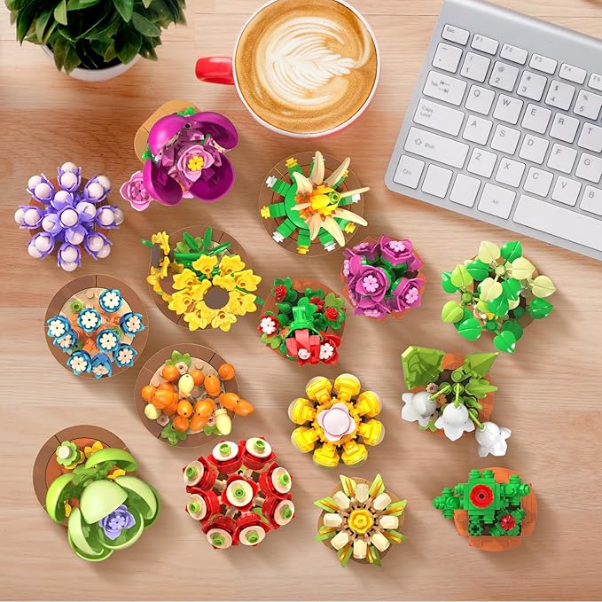 15 Pack Flowers Plants Mini Building Set - 1314PCS 3.6MM Flower Succulents Botanical Collection Block Toy for Home Office Décor, Easter Birthday Gifts for Adults Women Boys Girls 10+