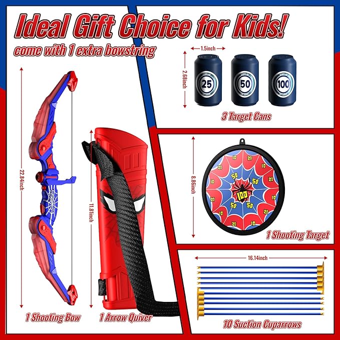 Spider Bow and Arrow Set for Kids, Led Light Up Kids Archery Set with Quiver & Web Target, 10 Suction Cup Arrows & another 3 Target Cans, Birthday Gift toys for 3 4 5 6 7 8 Year Old Boys Girls