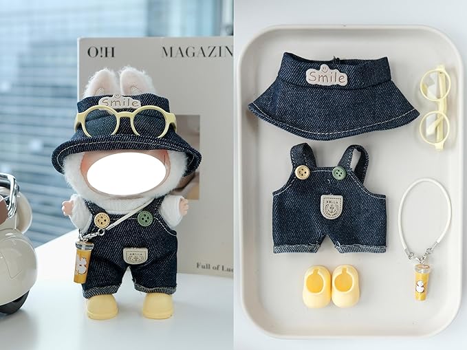 Clothes for 17cm Doll, 5 pcs Set Doll's Outfits Luxury Dress Shirt Pants Headset Shoes Accessories Fashion Stylish Adorable Dolls Clothes (No Doll) (Cheese Jeans Yellow)