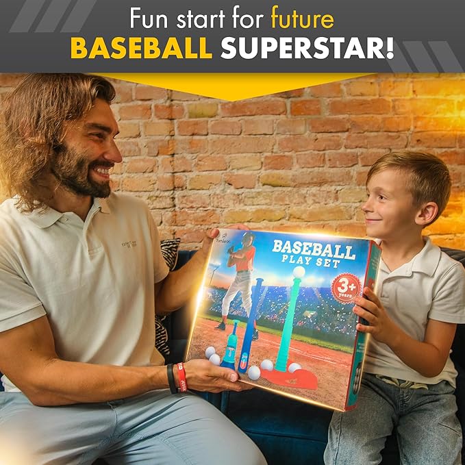 T Ball Stand for Kids and Toddlers 1-3, 3-5, 5-8. Baseball Set Includes 6 Large Balls, an Adjustable Tball Batting Tee, and a Pitching Machine. Kids Bat and Ball, T-Ball Sets for Kids
