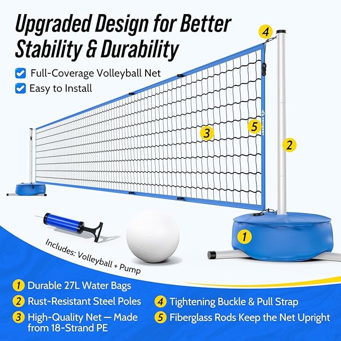 Pool Volleyball Net Set for Inground/Above Ground with Adjustable 15-30FT Length, Pool Games for Adults and Family, Poolside Volleyball Nets with Ball, Pump, Heavy Duty Poles, Weighted Base