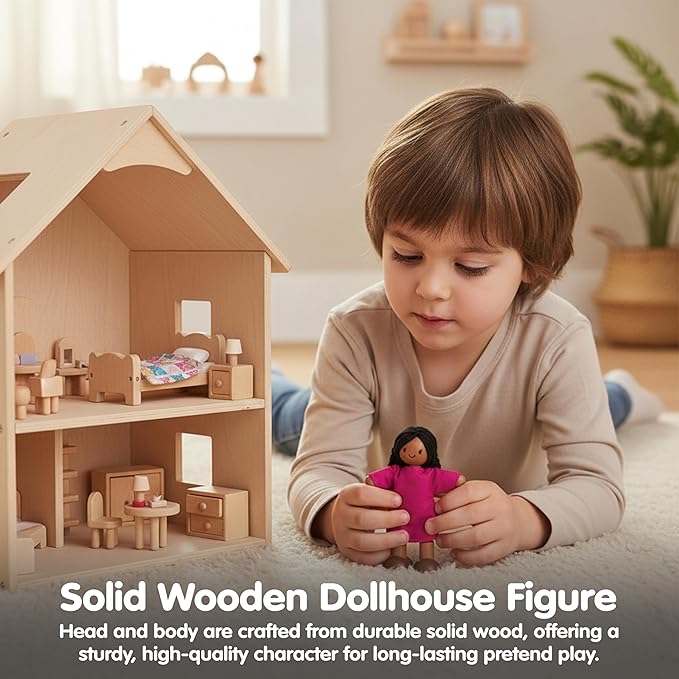 PlanToys® Girl Wooden Dollhouse Figurine | Poseable 1:12 Scale Mini Doll (4 Inch) | Dollhouse Accessories for Pretend Play | Eco-Friendly Montessori Toy for Kids Ages 3+