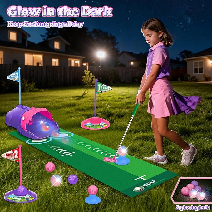 Kids Toy Golf Set with Dinosaur Automatic Golf Returner, Led Light Up Night Golf Balls, 3 Clubs, Putting Mat, 3-8 Toddler Mini Golf Games, Indoor Outdoor Sports Toys for Boys Girls 3+ (Pink)