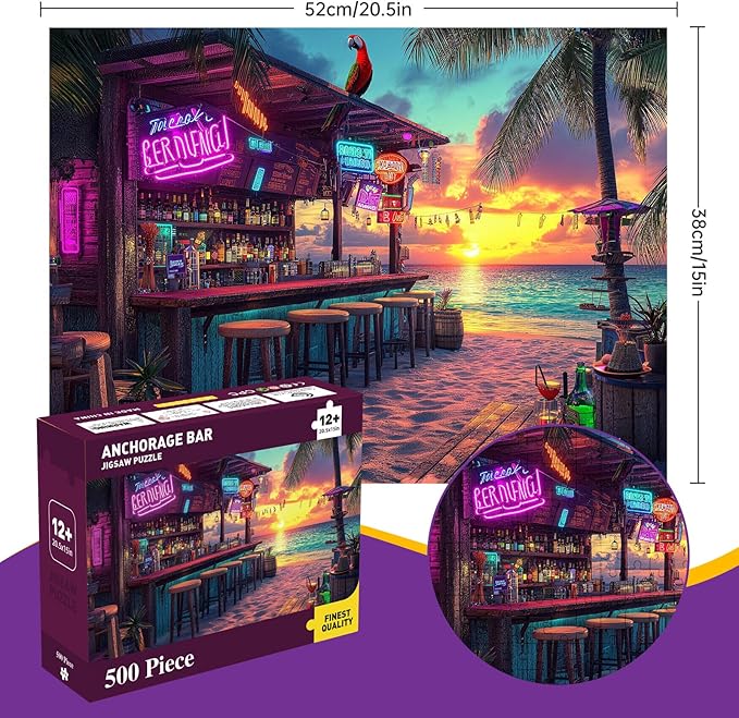 500 Piece Beach Tiki Bar Jigsaw Puzzle for Adults, Summer Tropical Coastal Sunset Bar Puzzles for Adults 500 Pieces, Home Decor Birthday Party Gift for Men Women Elders, 20.5 x 15 in