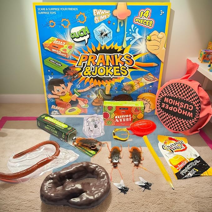 Gag Prank Kit, Funny Joke Toys, 12 Piece Portable Set, Assorted Novelty Practical Joke Gadgets, Party Favors Entertainment Pack, Humor Toy Collection for Kids Friends Adults Home