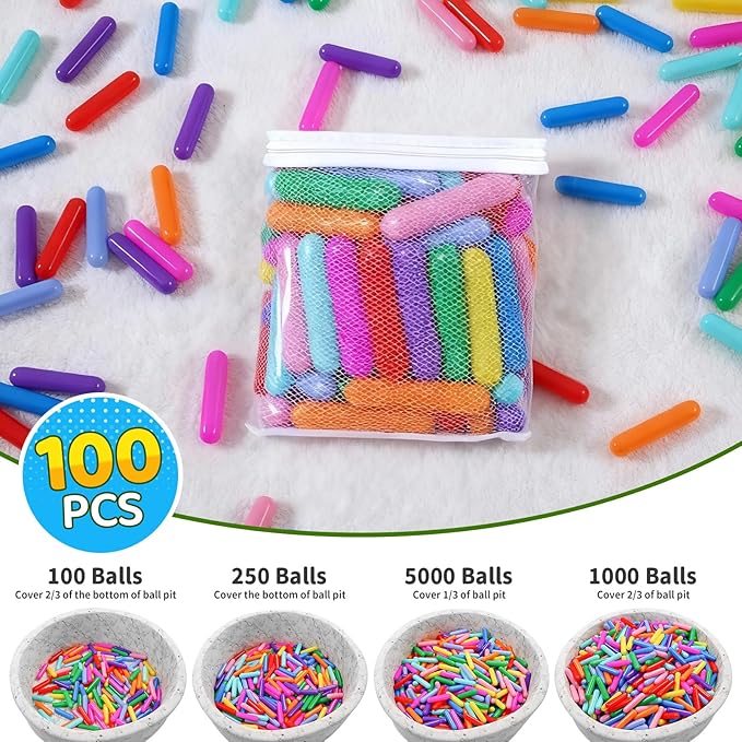 STARBOLO Ball Pit Balls for Baby and Toddler, 100 150 200 Pack Phthalate Free BPA Free Crush Proof Plastic - Multicolored Pit Balls Play Toys for Kids (Rainbow 8 Color;Candy Long Balls, 100balls)