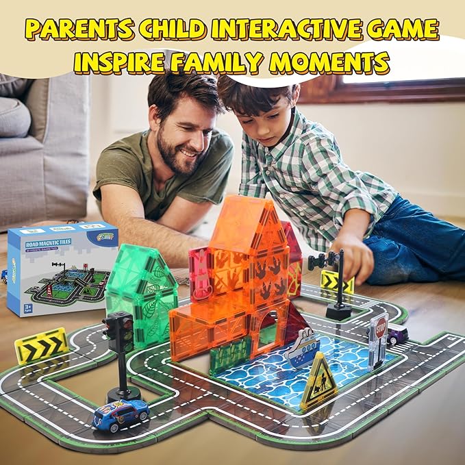 Magnetic Tiles Road Set with Pullback Car & Magnet Ship,Traffic Themed Magnetic Building Tiles Set with Traffic Light,STEM Magnet Tile for Kids Ages 3-5 4-8 5-7,Preschool Educational Kids Toys Gifts