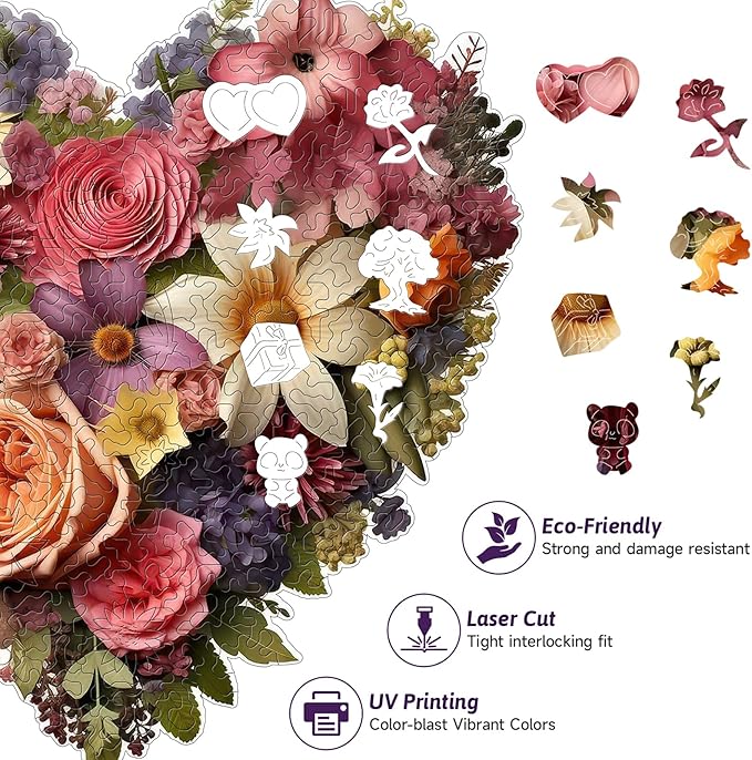 218PCS Wooden Jigsaw Puzzle for Adults – Heart Shaped Floral Puzzle,12.5 x 12.4’’ Unique Cut Valentine’s Day Wooden Puzzles, Romantic Flower Art Puzzles for Wedding (Rose Heart)