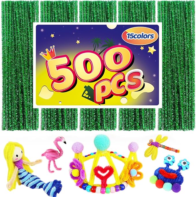 Bundooraking Pipe Cleaners, Pipe Cleaners Craft, Arts and Crafts, Crafts, Craft Supplies, Art Supplies (500 Green Glitter Pipe Cleaners)…