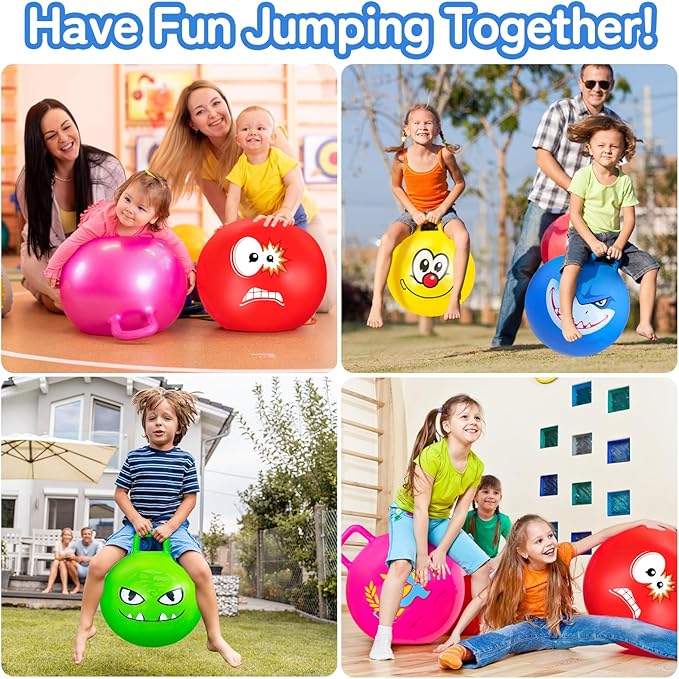 Hymaz 5 Pcs Hopper Ball Carnival Outdoors Jumping Hopping 18 Inch Bouncing Ball with Handle and Air Pump for Kids Sports School Ride Games Balance Exercise Fun