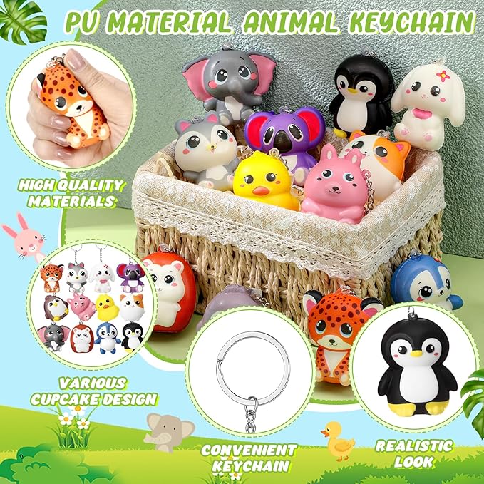 24 Pcs Animal Squeeze Stress Ball Keychains Party Favors Cute Stress Relief Toy Keychain Goodie Bag Stuffers for Teacher Student Team Employee Coworker Birthday Gifts