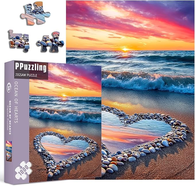 Beach Puzzles for Adults 1000 Pieces, Ocean Sunset Heart Jigsaw Puzzle, Colorful Marine Love Puzzle