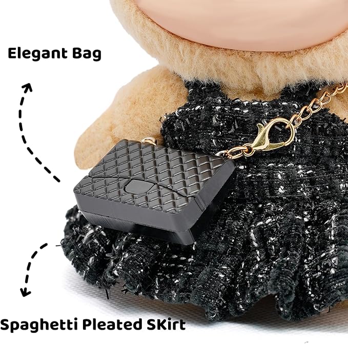 17cm Doll Clothes- Luxury Chic Style Set High-End Fashion Accessories - Premium Handmade Clothes 3 Piece Set Hat & Black Bag & Dress Adjustable Outfit (No Doll) - Pure Black - No Logo