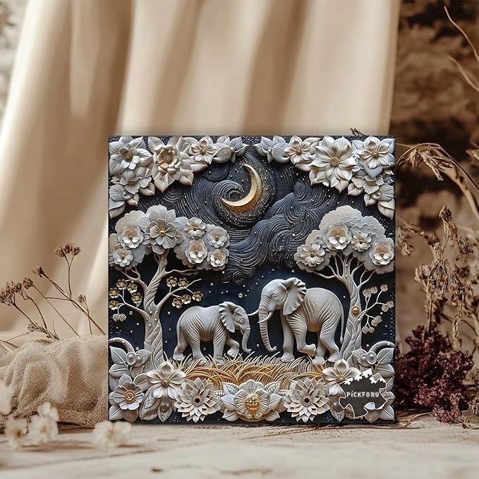 Elephants 1000 Piece Puzzle for Adults, PICKFORU Plant Floral Jigsaw Puzzles Night Sky, Hard Difficult Vintage Animals Theme as House Decor
