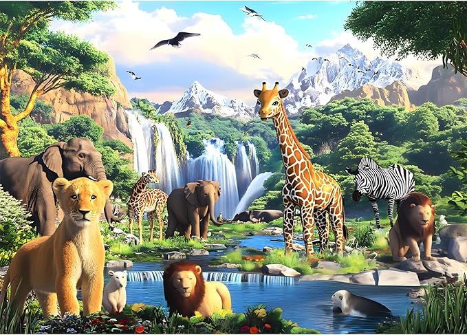 1000 Pieces Puzzles for Adults,Animal World Jigsaw Puzzles 1000 Pieces Lions Elephants Giraffe Animals Puzzles Games Unique Cool Puzzles Family Activity Great Gift for Family Friends 28x20 in