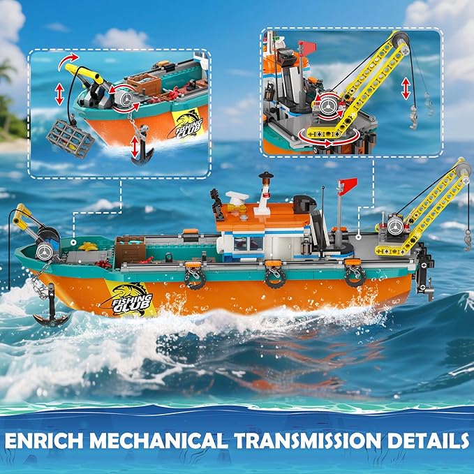 City Fishing Boat Wharf Building Set - Floatable Sea Fishing Ship Building Block Kit with Speedboat Crane Containers Exploration Boats Toy Birthday Gift for Kids Boys Girls 6 7 8 9 10+, 762PCS