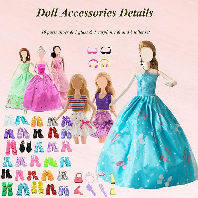 Doll Clothes and Accessories for 11.5 inch Dolls, Doll Clothes Including 6 Wedding Dresses 3 Fashion Dresses 1 Top Pant 1 Glass 1 Earphone 8 Toilet Suit 10 Shoes for Christmas Holiday Randomly Style