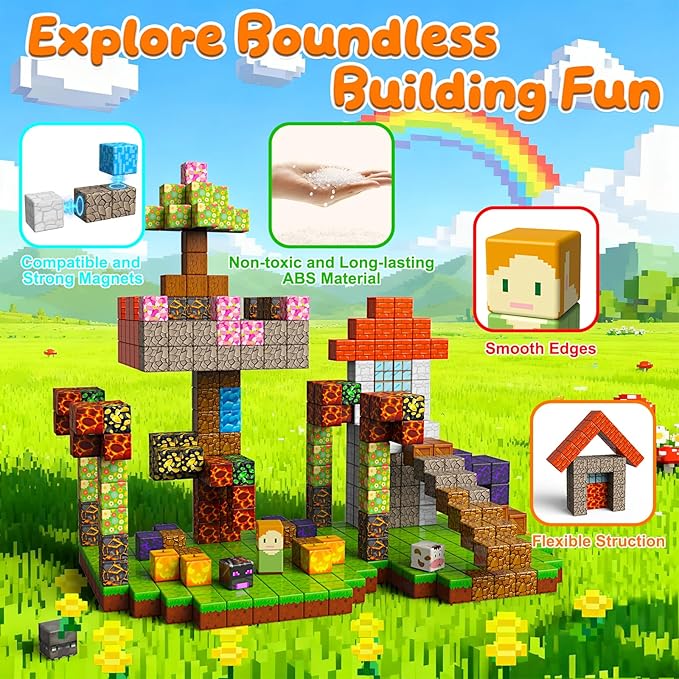 Magnetic Blocks - 200PCS Magnet Building Cube Game Tiles Stacking Construction, STEM Sensory Toys Birthday Gifts for Boys and Girls Age 3+ Years Old