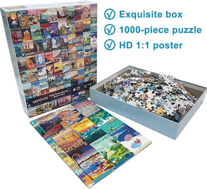 Puzzles for Adults 1000 Pieces Vintage World Travel, Jigsaw Puzzles Landscape Poster Puzzle Landmarks, 1000 Piece Jigsaw Puzzles for Adults 90 Scenics World Scenery