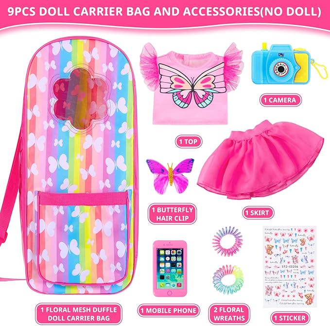 UNICORN ELEMENT 9 Items 18 inch Dolls Bag Set and Accessories Doll Carrier Including 18 Inch Doll Clothes, Camera, Sunglasses, Backpack and Sticker