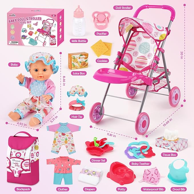 Baby Doll Stroller Set with 12.5" Doll, Baby Dining Table, Backpack with Carrier, 21 PCS Baby Doll Accessories Stroller Toys, 2 Sets Doll Clothes, Feeding Set Girls Toddlers Gifts for Pretend Play