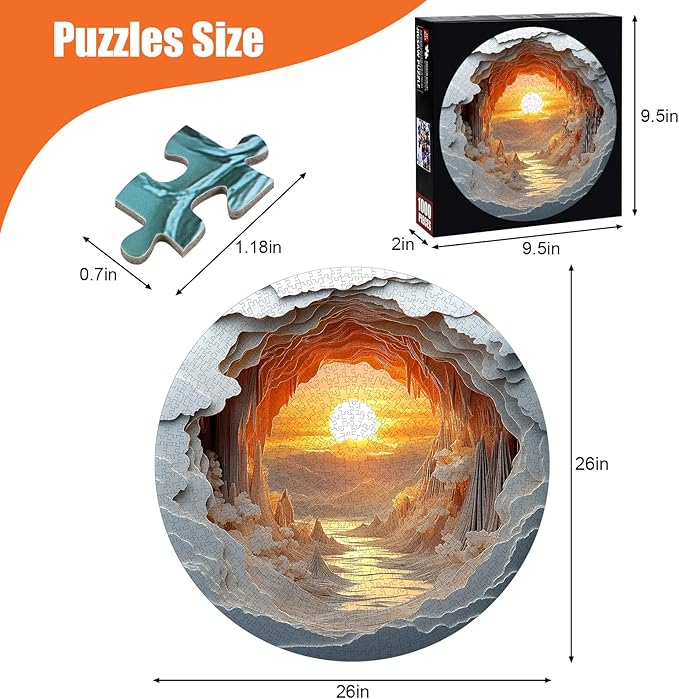 3D Stereo Visual Puzzles for Adults 1000 Pieces - Unique Dawn Cave Round Jigsaw Puzzle Stereo Effect, Beautiful Canyon Sunset Landscape Puzzle with Letters on Back, Challenging Hard Difficult Puzzles