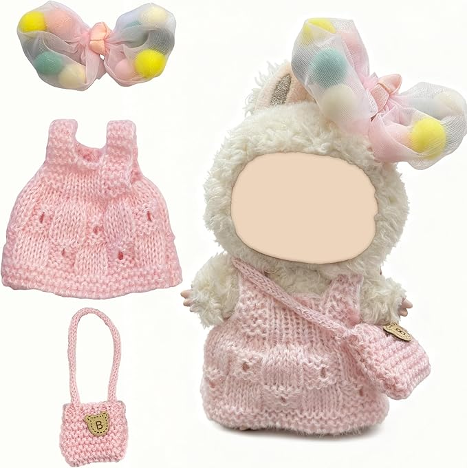 15 17cm Doll Clothes(NO Doll), Cute Dolls Outfit Accessories with Knitted Dress + Hair Clip + Bag, Small Kawaii Clothes Set for Dolls