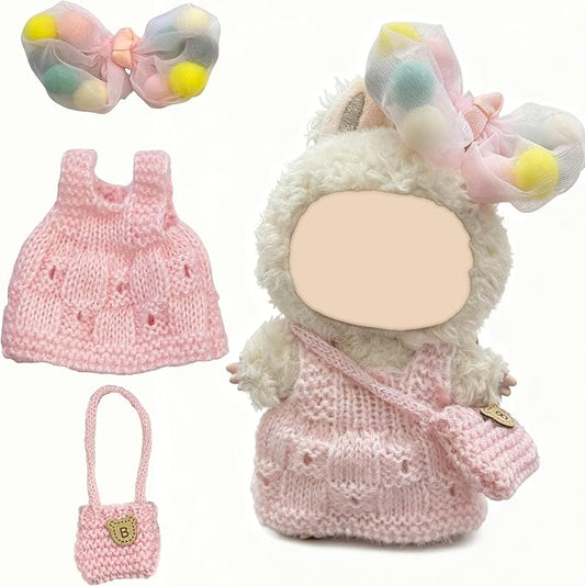15 17cm Doll Clothes(NO Doll), Cute Dolls Outfit Accessories with Knitted Dress + Hair Clip + Bag, Small Kawaii Clothes Set for Dolls