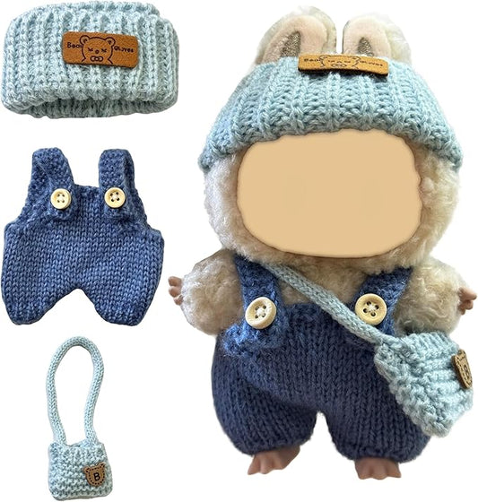 15 17cm Doll Clothes(NO Doll), Cute Dolls Outfit Accessories with Knitted Overalls + Hats + Bag, Small Kawaii Clothes Set for Dolls