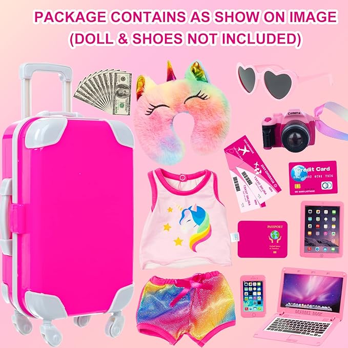 XFEYUE 23 Pcs American 18 inch Doll Clothes and Accessories - Suitcase Luggage , Pillow, Sunglasses, Camera, Passport, Mobile Phone , Computer Doll Travel Gear Play Set (No Dolls)