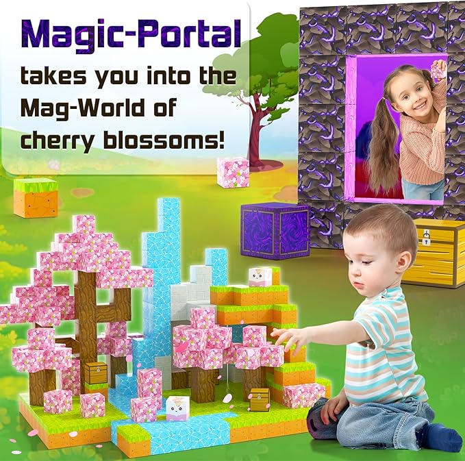 Coodoo Magnetic Blocks - Build Mine Magnet World Cherry Blossom Set, Magnetic Tiles Building STEM Toys for Boys & Girl Kids Toddler Toys for 3+ Years Old