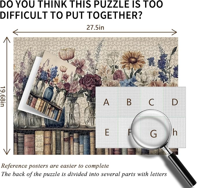 Retro Wildflowers Puzzles for Adults 1000 Pieces, PICKFORU Christian Jesus Floral Book Pages Religious Jigsaw Puzzle, Impossible Challenging Vintage Bookshelf Puzzles as Art Decor