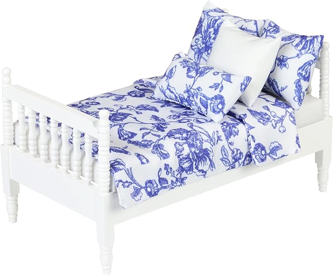 1:12 Scale Dollhouse Bedding Set for 6-Inch Dolls, 5-Piece Comforter, Pillows & Blanket, Realistic Mini Bedroom Accessories, Blue Floral & White Design