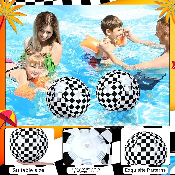 4 Pack Black and White Beach Balls 11.8" Checkered Flag Themed Inflatable Beach Ball Bulk Race Car Birthday Party Supplies for Summer Pool Party End of the Year Decoration Favor