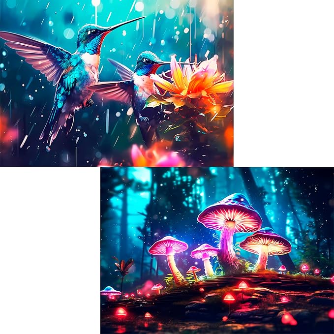 Edsjegn 2 Pack 1000 Piece Puzzle for Adults Jigsaw Puzzles 1000 Pieces 2000 Piece Puzzles for Adults Hummingbird Mushroom Jigsaw Puzzles White Elephant Gifts