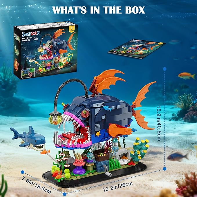 Mechanical Angler Fish Building Set with Lights, Movable Lantern Fish Building Blocks Toy with Shark Jellyfish, 1139 PCS Ocean Animal Building Kit, Home Decor Gift for Adults Teens Boys 12+