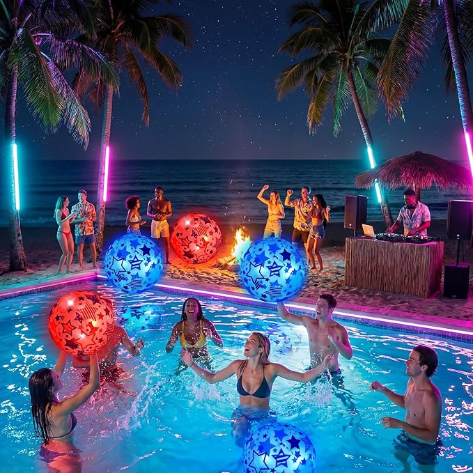 6 Pcs 4th of July Light up Beach Balls 12 Inch Patriotic Light up Beach Balls Bulk Giant Inflatable Red White and Blue Ball for Adults 250th Anniversary Beachy Summer Pool Outdoor Decor