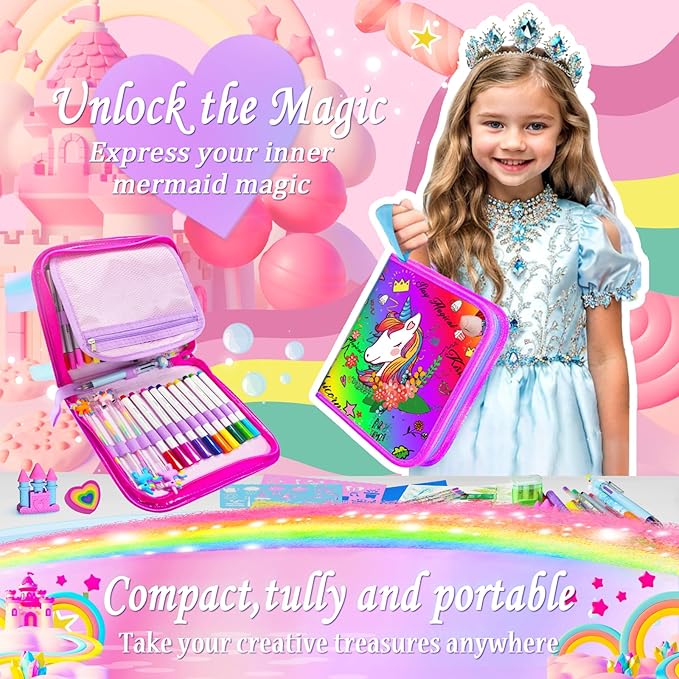 weirtoya 53 PCS Washable Scented Markers Set with Glitter Pencil Case, Mermaid Unicorn Arts and Crafts for kids 4-6-8 Kids Coloring Drawing Kits for 4-8 Years Old Girls Birthday Gifts